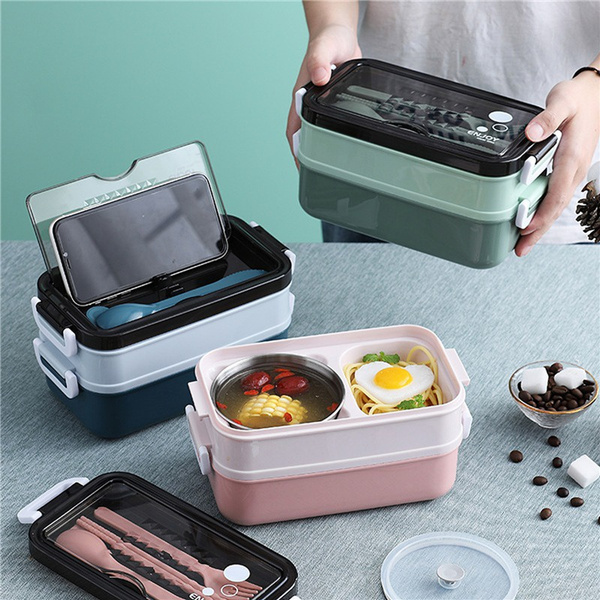 1pc Double Layer Blue Bento Box For Kids, Students And Adults