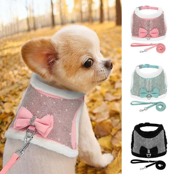 Rhinestone Suede Leather Dog Harness & Leash Set – Soft Vest For Small Dogs (Chihuahua)