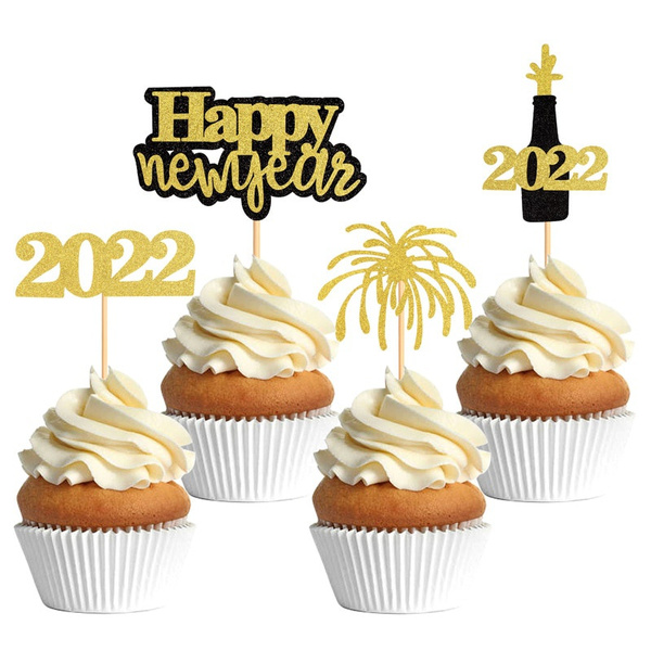 12pcs Happy New Year 2022 Cupcake Topper Decorations for New Year Party