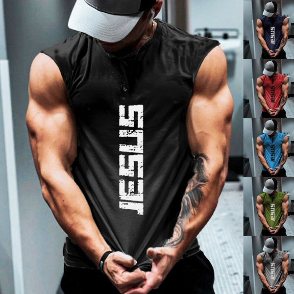 Men Gym Clothing Muscle Crew Neck Workout Bodybuilding Sport Fitness  T-shirt Tee