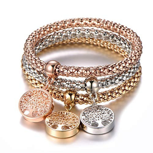 SILANER Crystal Charms Multilayer Bracelets - 3PCS Gold/Silver/Rose Gold  Corn Chain Bracelet for Women, Tree of Life Heart Shaped Stretch Bracelet
