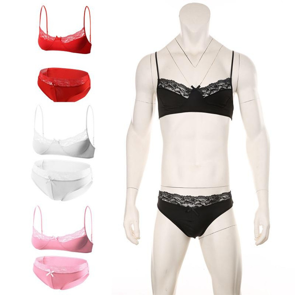 Mens Sissy Night Underwear Lace Lingerie Set Bra Top with