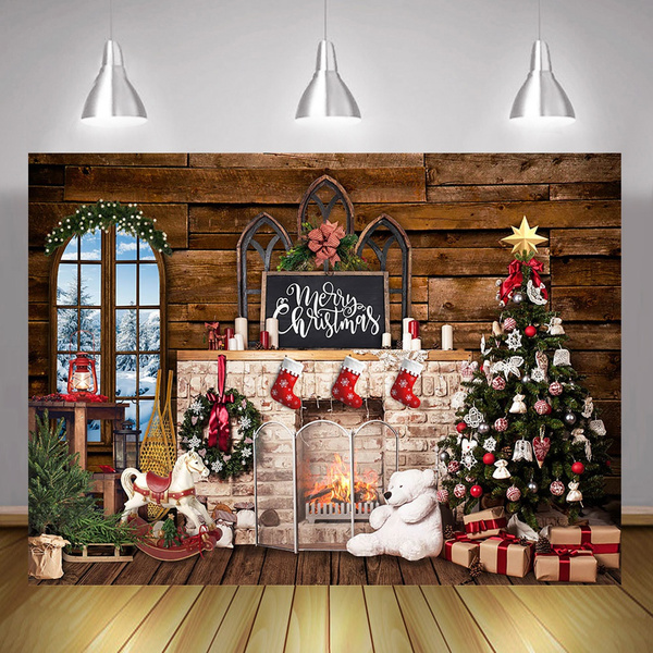 Merry Christmas White Fireplace Background Rustic Window Family Party ...