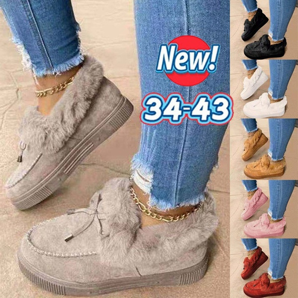 New Fashionable Ladies Bowknot Suede Faux Fur Moccasin Shoes Warm