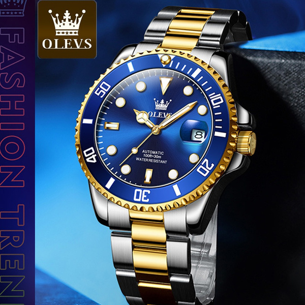 OLEVS Blue Dial Mens Mechanical Watch Stainless Steel Waterproof