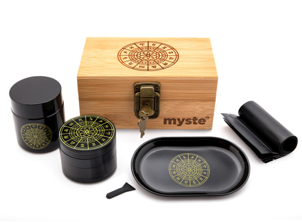 MYSTE Stash Box Smell Proof Set Zodiac Grinder Large 2.5'' (63mm) Premium  Combo Stashbox Kit Wooden Accessories Rolling Tray Herb Grinder Jar Lock