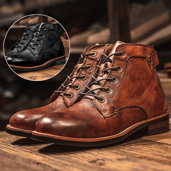 Men's Fashion Lace Up Tooling Boots Casual Leather Motorcycle Boots Retro  Style Riding Boots Man Outdoor Leather Boots Short Boots Men