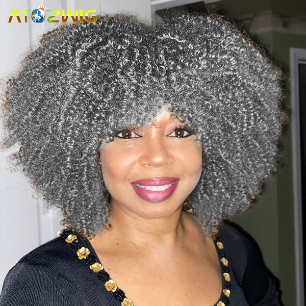 Ombre Grey Curly Afro Wig with Bangs for Black Women Short Kinky Curly Synthetic Hair 14 Inch Afro Full Wigs