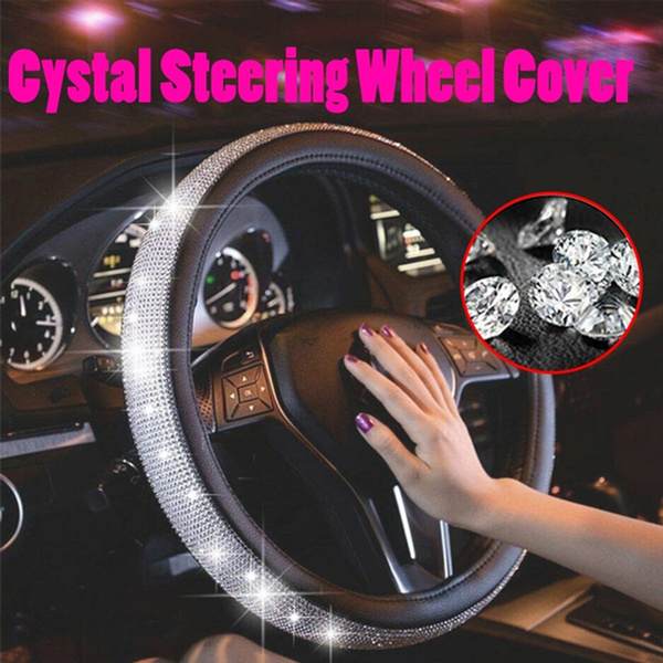 Car Steering Wheel PU Leather Non Slip Crystal Sparkled Diamond Cover Bling