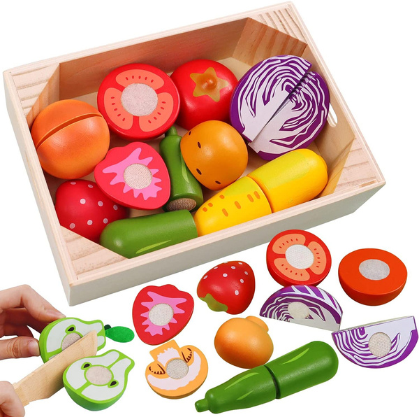 Wooden Play Food Set for Kids Play Kitchen with Wood Crate and Knife Wish