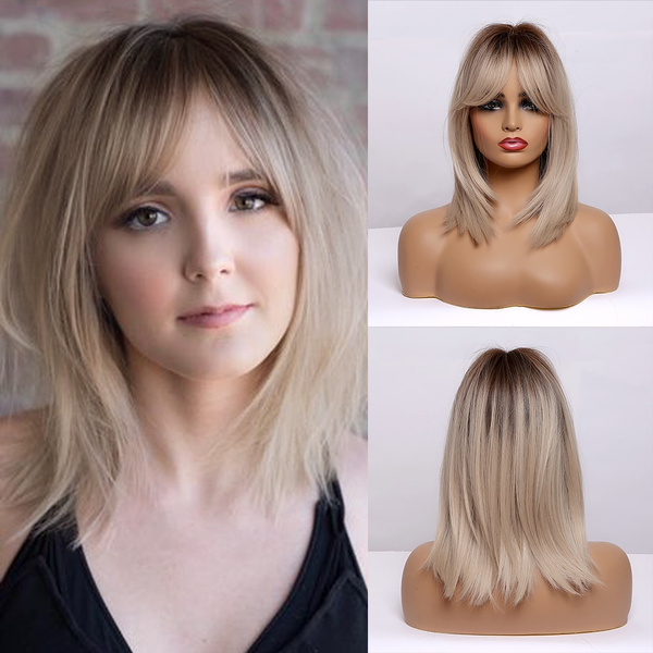 Medium length blonde straight hair wigs with bangs synthetic wigs for