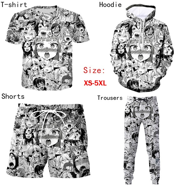 New Arrival Ahegao Anime 3D Print T Shirt Hoodie Shorts pants Trousers Set Unisex Hip Hop Fun Sports Casual Clothing