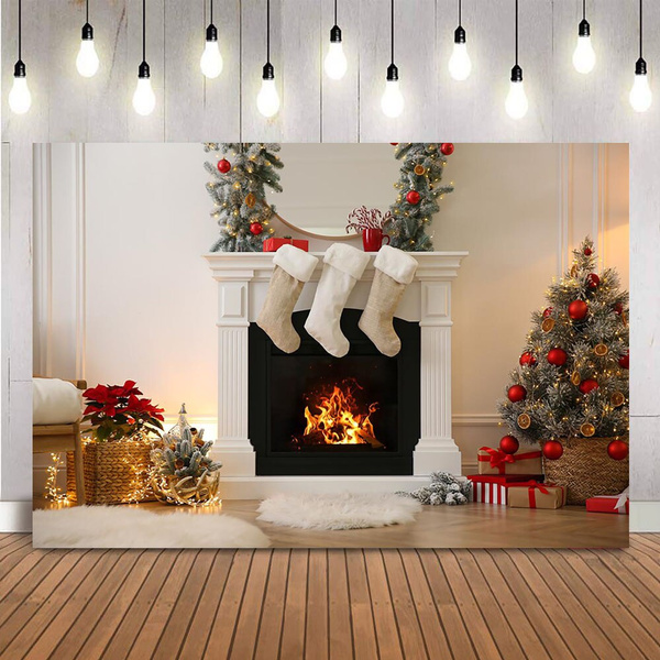 Christmas Fireplace Photography Backdrop Living Room White Fireplace ...