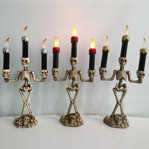 wish.com | Halloween Skull Candle Holder Light Triple LED Flameless And Skeleton Candle Holder Stand For Halloween Decoration And Haunted House Decor Battery Operated