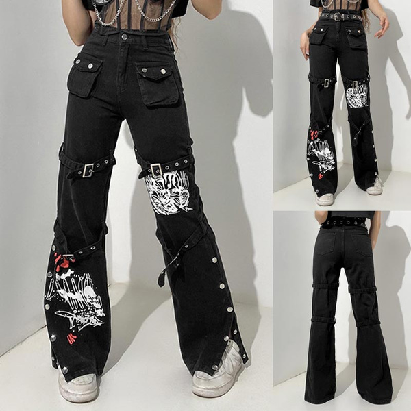 Gothic Metal Buckle Printed High-Waisted Jeans Punk Overalls