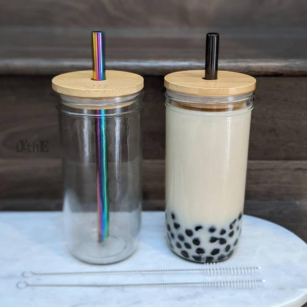 Mason Jars for Drinking Cup Bubble Tea Glass Cup with Bamboo Lid Reusable Glass  Boba Smoothie Cup with Stainless Steel Straw Cup Glasses