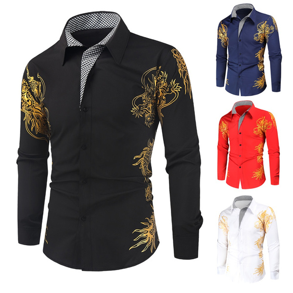 Gold Shirt Men Autumn Winter Casual Long Sleeve Mens Dress Shirts Slim ...