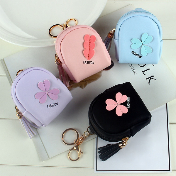 Pink Flower Small Bag Women PU Leather Coin Purses Fashion Jelly Handbag  Girls Coin Card Holder For Kids Purses Keychain