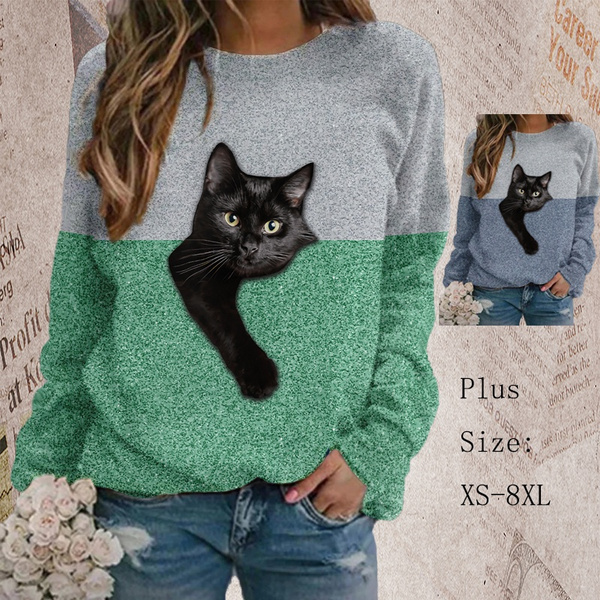 Women Tee Shirt Cat Graphic 3D Print Round Neck Basic LongSleevesTops