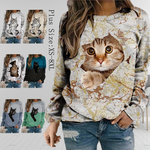 Women Tee Shirt Cat Graphic 3D Print Round Neck Basic LongSleevesTops