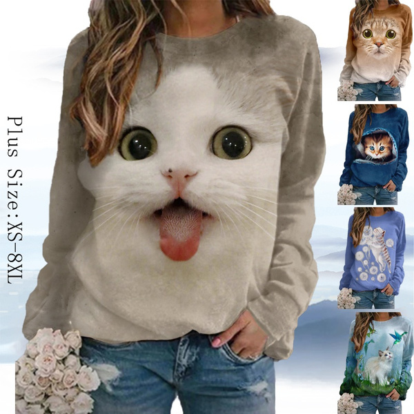 Women 3D Cat T Shirt Cat Graphic 3D Print Round Neck Basic LongSleeves