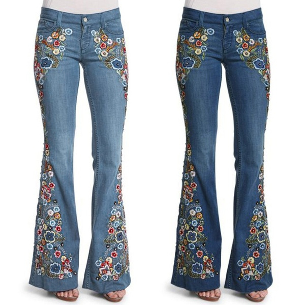 Women's Bell Bottom Jeans High Waist Floral Embroidery Stretchy