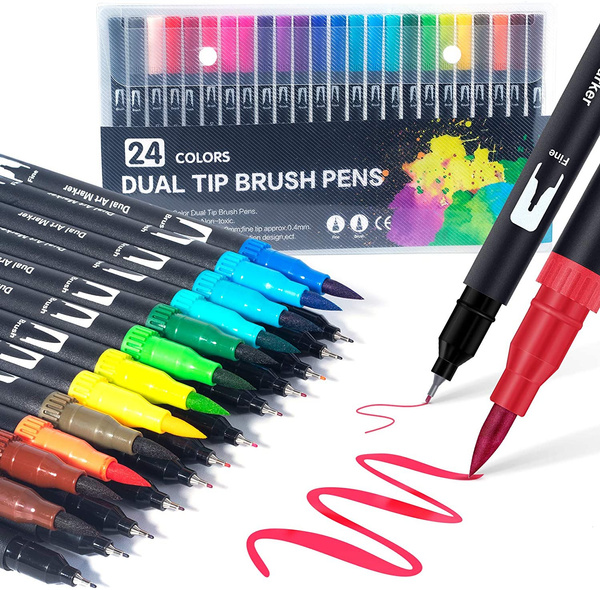 Dual Tip Brush Pens: Felt Tip Pen Set 12 24 Colors Colouring Pens