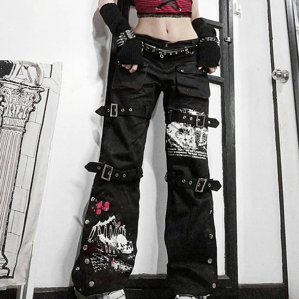 Y2K Punk Skull Print Black Buckle Pants Harajuku High Waist Big Pocket  Trousers Goth Mall Grunge Cargo Pants Techwear