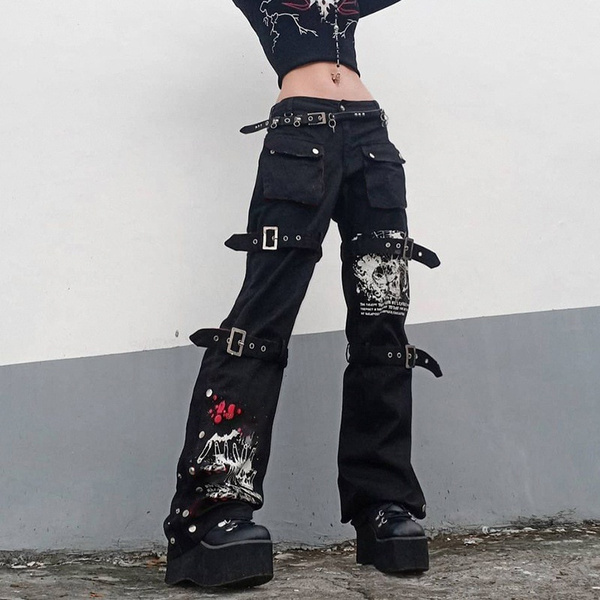 Gothic Black Cargo Pants For Women Harajuku Streetwear, Oversized
