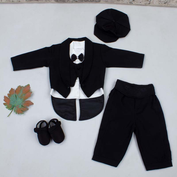 For Baby Boy Gentleman Black Tuxedo Newborn Suit Formal Suit 5 Pieces ...