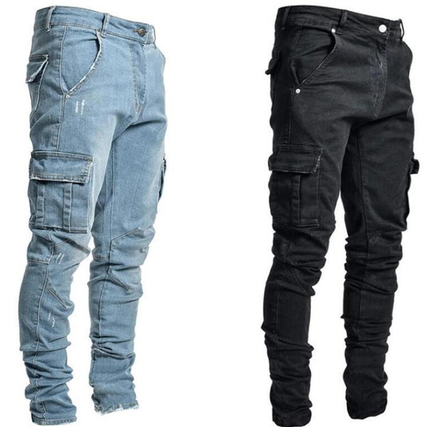 Men Cargo Combat Denim Pants Skinny Jeans Casual Slim Fit Trousers | Fruugo  BH