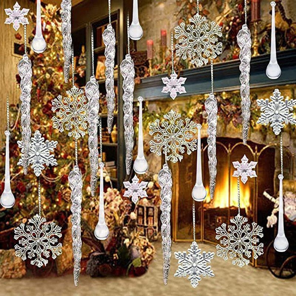 12/30/42 Pcs Clear Acrylic Christmas Snowflake Icicles Hanging Icicle ...