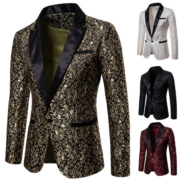 New Men s Fashion Mens Floral Brocade Embroidered Suit Jacket Peak