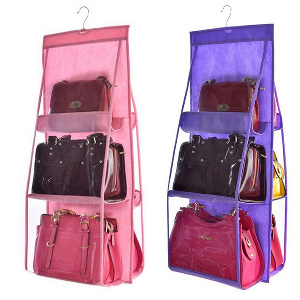 6 Pocket Hanging Handbag Organizer for Wardrobe Closet Transparent