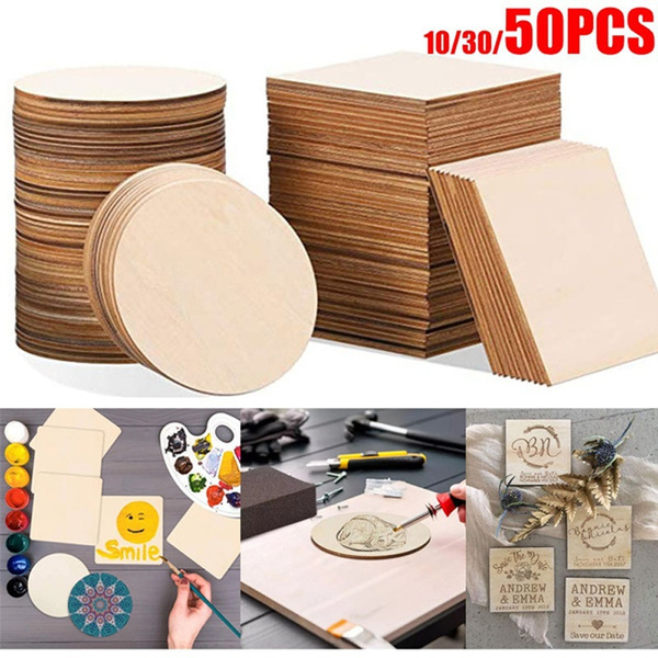 10/30/50pcs Blank Wood Slices Unfinished Wood Pieces Square/Round Wooden  for DIY Coaster Arts Painting Staining Crafts