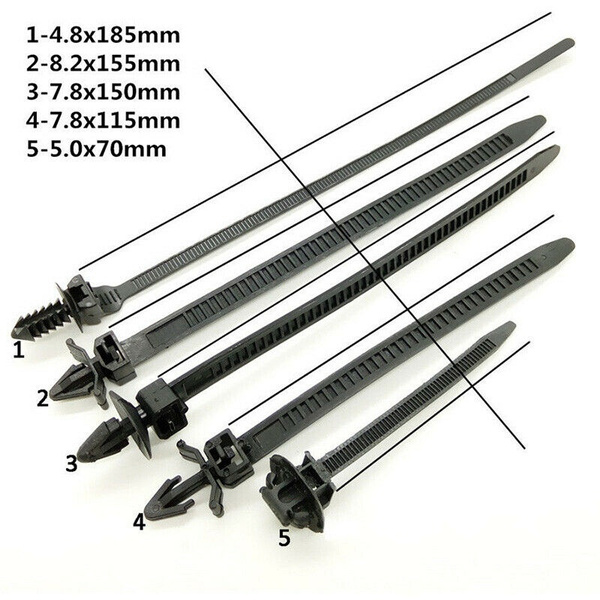 100pcs Car Nylon Mixed Cable Strap Clamp Push Mount Wire Zip Tie