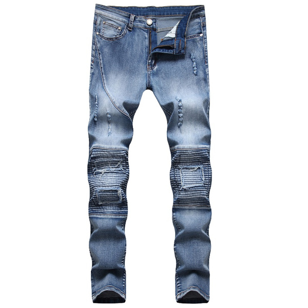 New Men's Zipper Casual Jeans Ripped Folds Slim-fit Straight-leg Casual ...