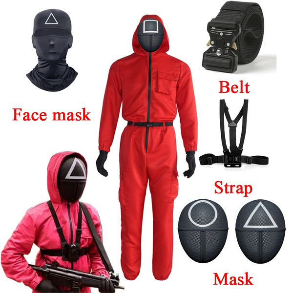 Squid Game Villain Red Jumpsuit Cosplay Costumes Round Six Npc Circle Triangle Square Mask Strap 7054