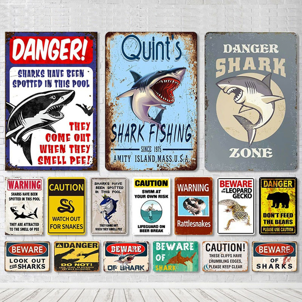 Danger Shark Infested Area Animal Funny Signs Metal Tin Sign Pool Beach ...