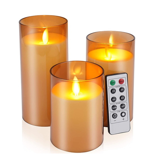 LED Flameless Candles Glass Pillar Wax Flickering Moving Wick Effect ...