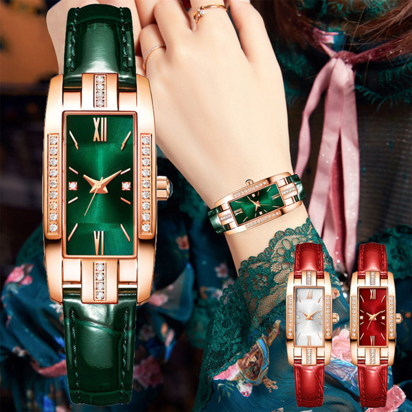 New luxury watch women s Square rose gold watch green leather