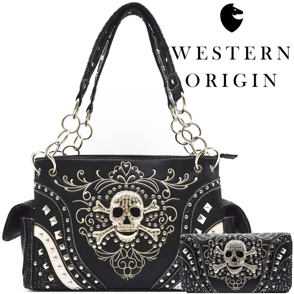 Sugar Skull Concealed Carry Black White Messenger Bag & Wallet Set |  Montana West, American Bling, Trinity Ranch Western Purses & Bags