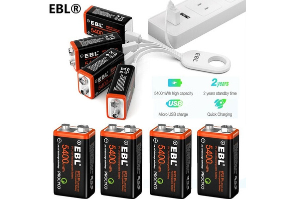 EBL Rechargeable 9V Lithium Batteries, 5400mWh USB 9 Volt Li-ion Batteries  Long-Lasting(2 Pack)