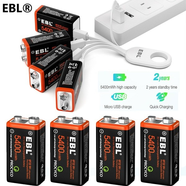 EBL 9 Volt Rechargeable Batteries 5400mWh USB Charging Port 9V