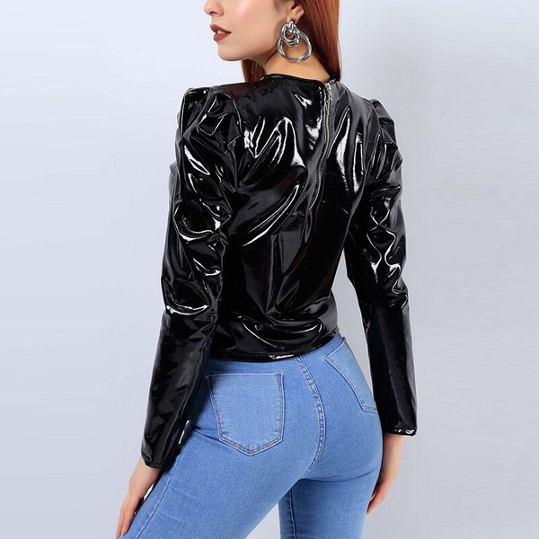 Women Latex Patent Leather O-Neck Tops Long Sleeve Shirt Pullovers PVC  Jackets Plus Size Black Red PU Leather Short Coats Custom