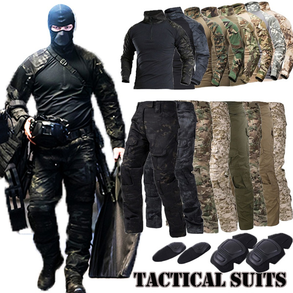 Mens Fashion Tactical Gear Camouflage Tactical Military Uniform Clothing  Sets Paintball US Army Combat Shirt + Cargo Pants with Elbow & Knee Pads