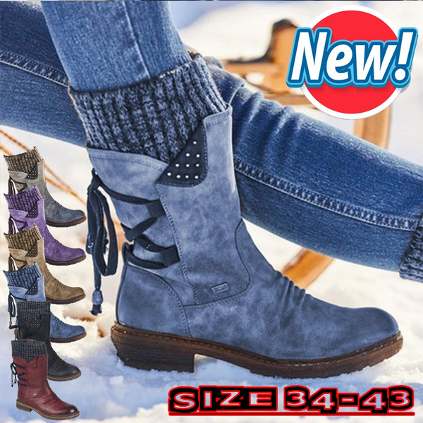 Fashion Women Casual Mid-Calf Boots PU Leather Women Winter Warm Slip-On Flat Snow Boots