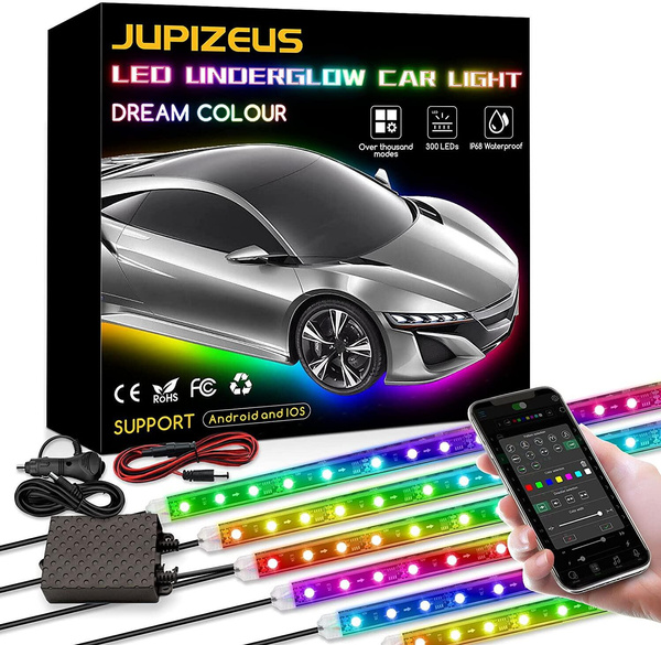 Bluetooth Dream Color Chasing Strip Lights Kit 12V 300 LEDs Underbody Lights for All Cars 6 PCS Waterproof Exterior Car Lights with APP Control Car Underglow Lights 