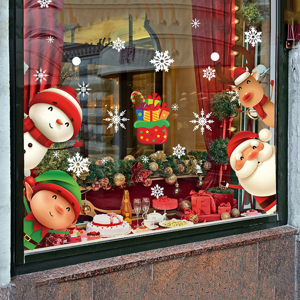13 Types of Creative Cute Christmas Stickers Double-sided Christmas Glass Window Sticker Santa Elk Snowman Pattern Sticker Christmas Snowflake Wall ...