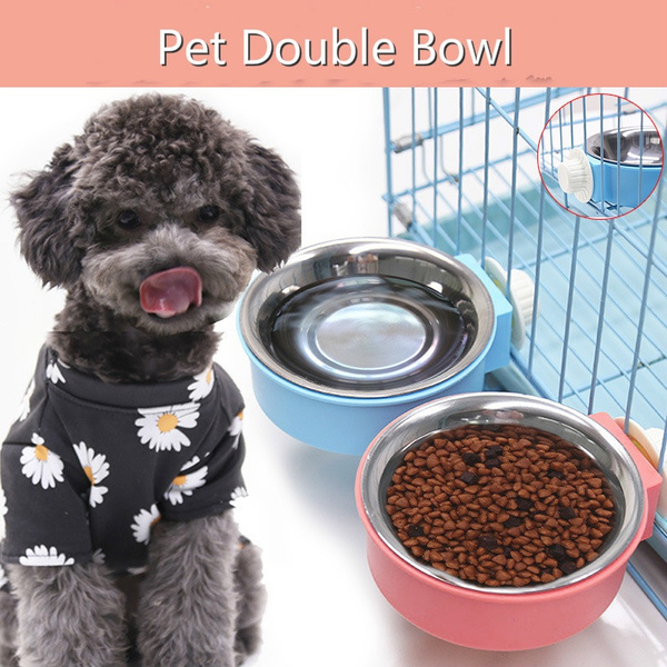 Stainless Steel Pet Cat Dog HANGING DOUBLE BOWL Feeder Dispenser Food ...